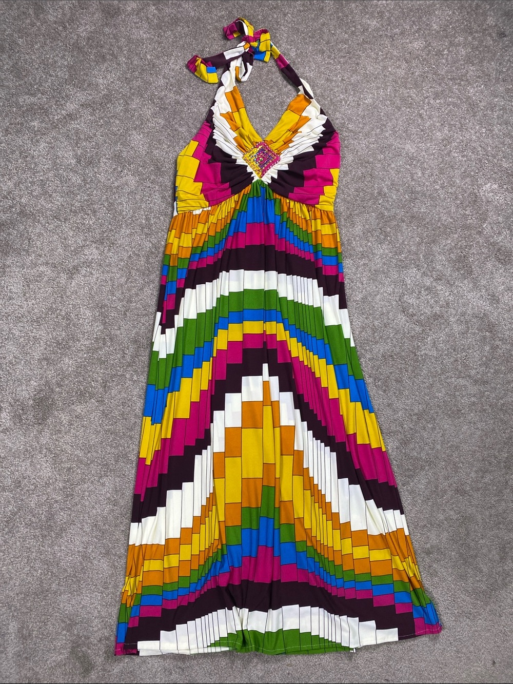 Boston Proper V-Neck Halter Midi Dress in Fuchsia, Yellow, Green & Blue